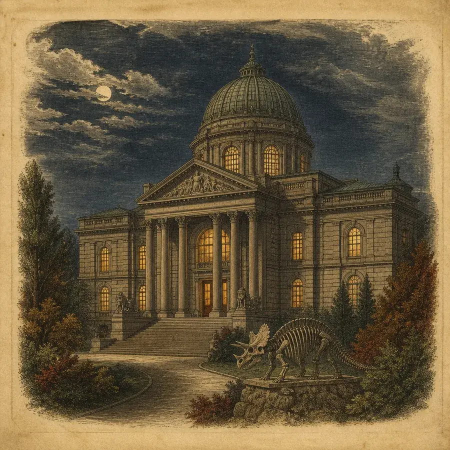 Museumsgebäude bei Nacht mit erleuchteten Fenstern